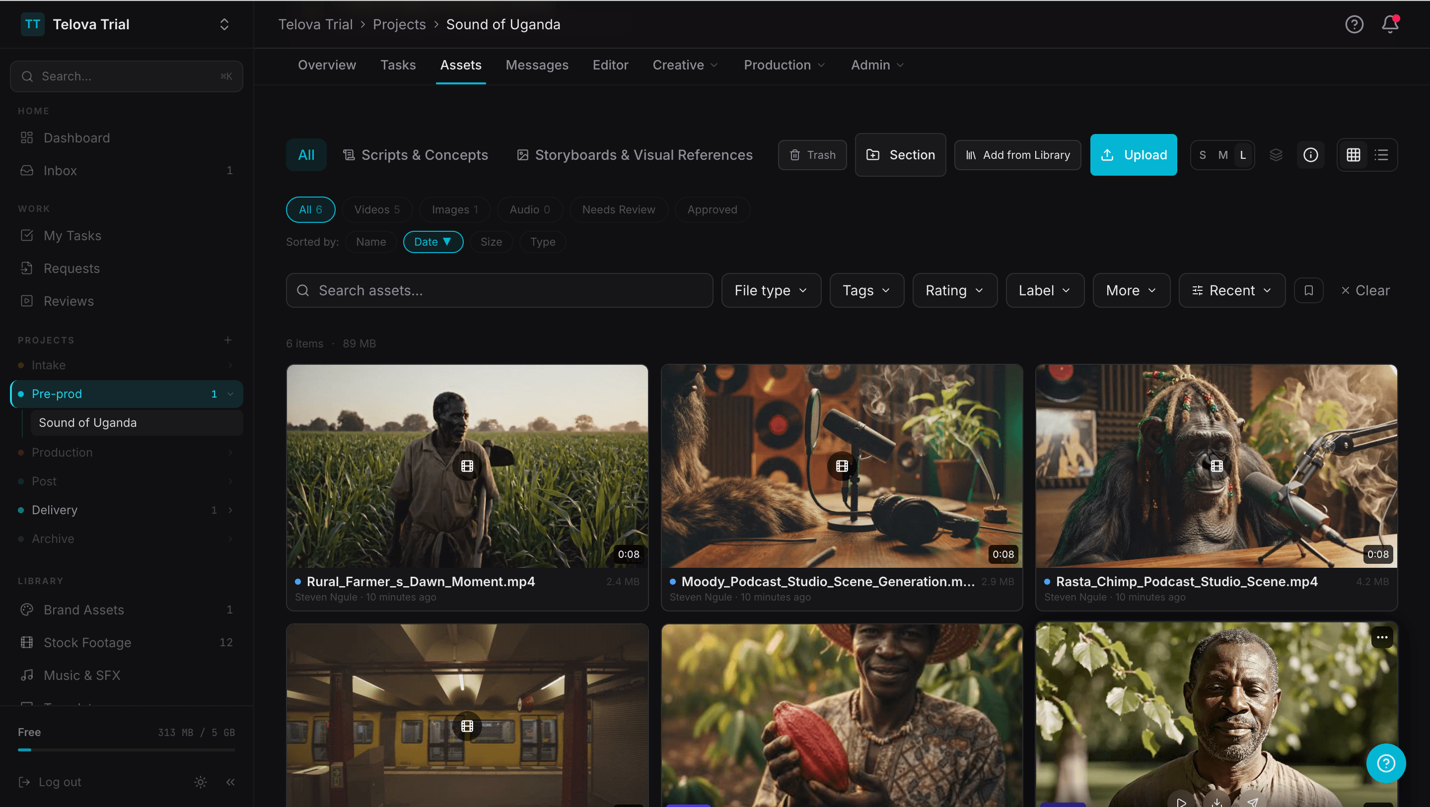 Telova asset library with video thumbnails, filters, and folder navigation