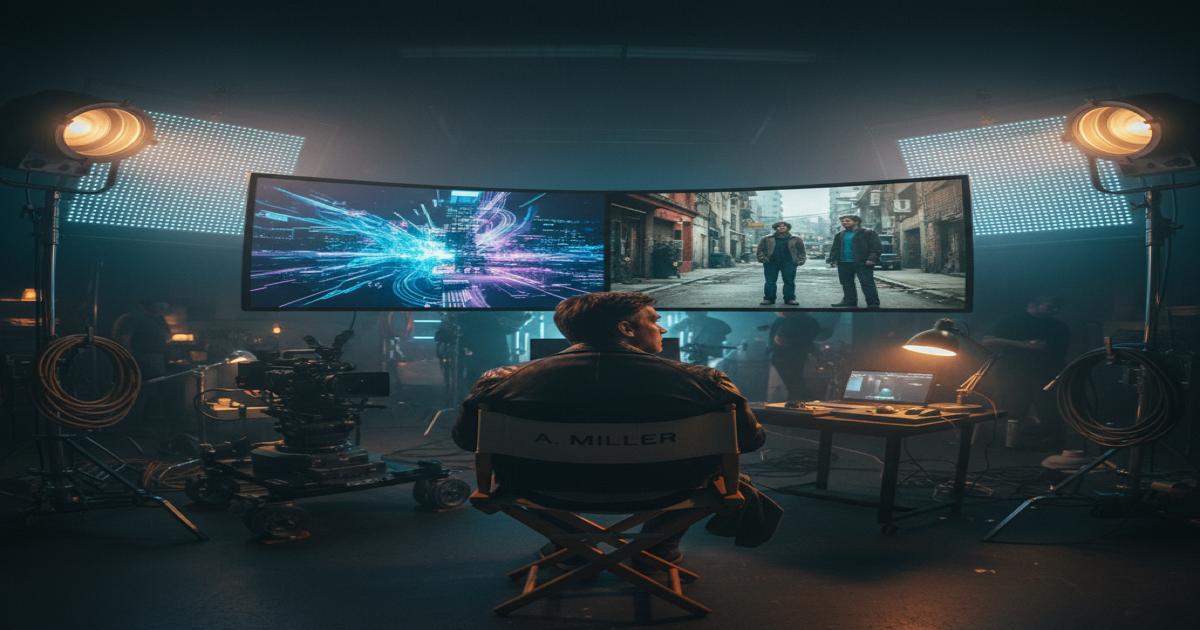 Director on set looking at monitors showing AI-generated and traditionally shot content