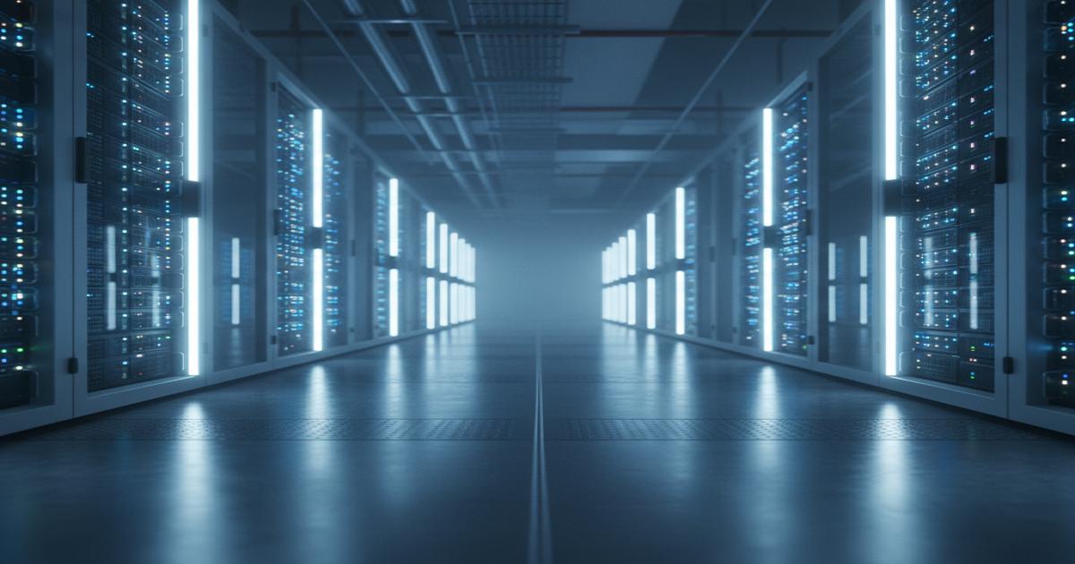 Server room corridor with blue LED lighting and storage servers