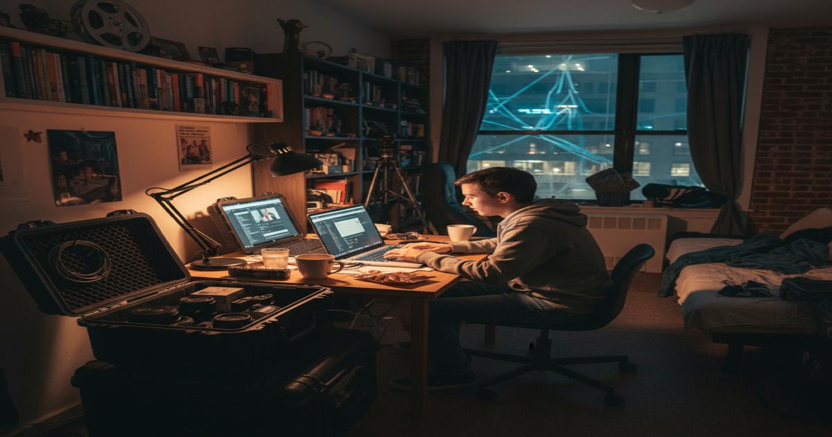 Freelance filmmaker working alone in a small studio with camera equipment