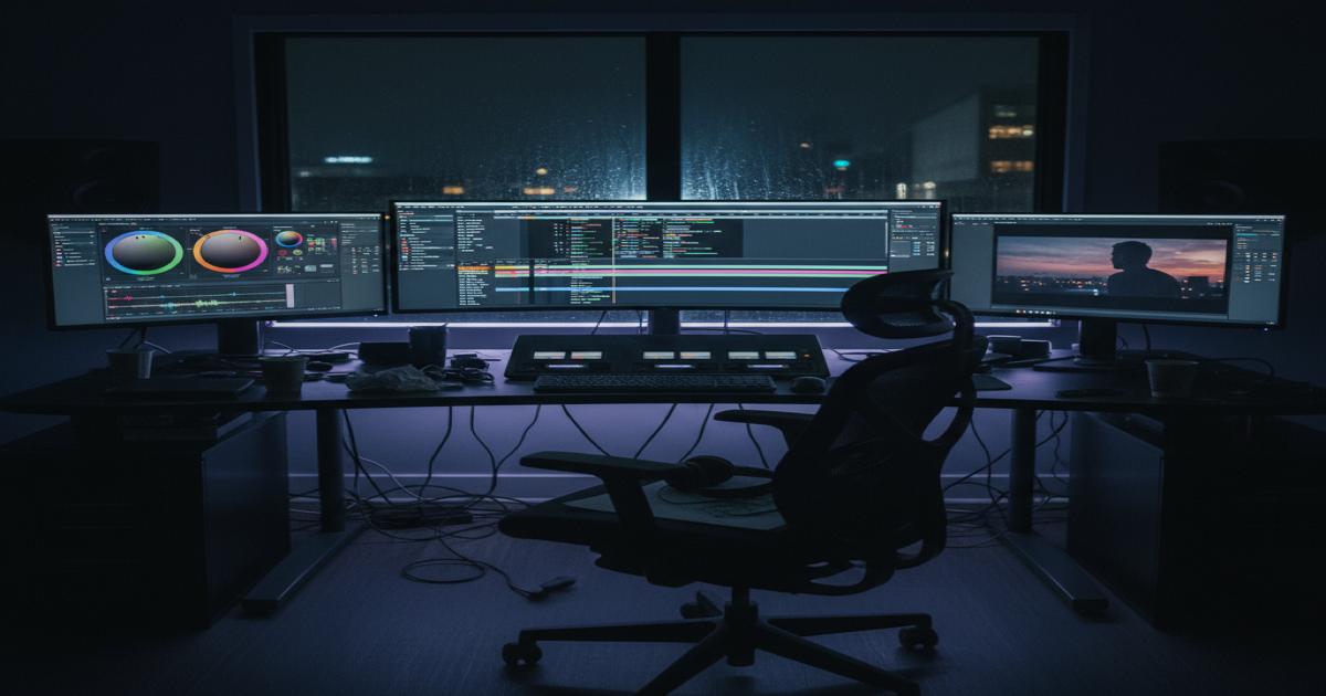 Post-production editing suite at night with monitors showing timelines