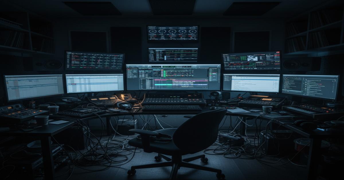 Producer's desk with multiple monitors showing different software applications