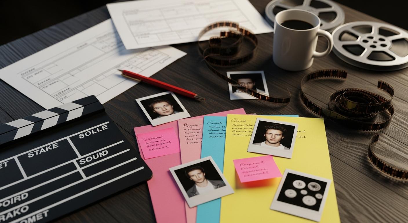 Pre-production planning desk with storyboards and clapperboard