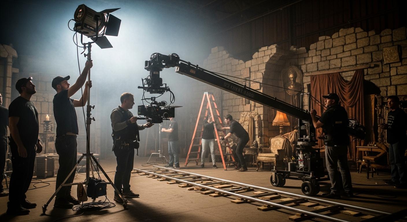 Film crew working on a cinematic soundstage