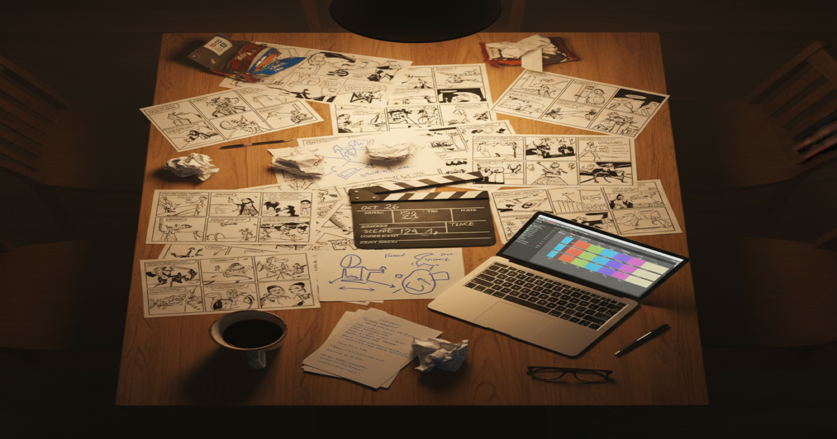 Pre-production table with storyboards, clapperboard, and handwritten notes