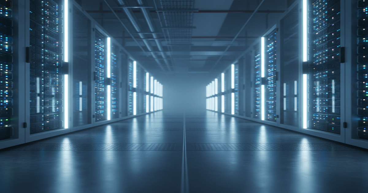 Server room corridor with blue LED lighting and storage servers