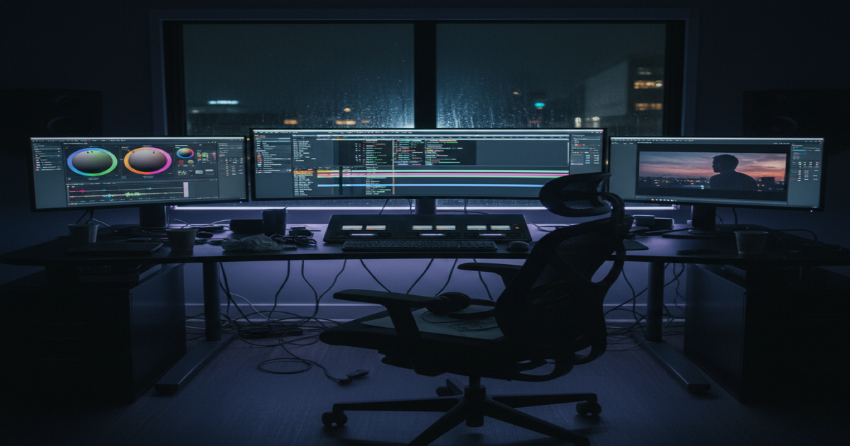 Post-production editing suite at night with monitors showing timelines