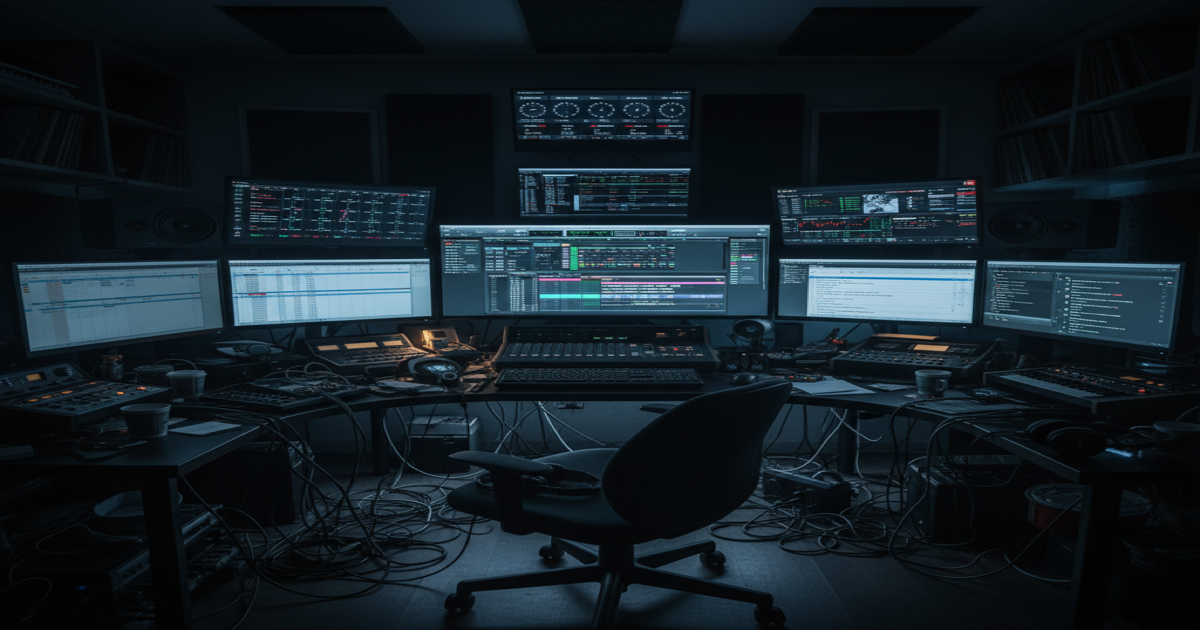 Producer's desk with multiple monitors showing different software applications