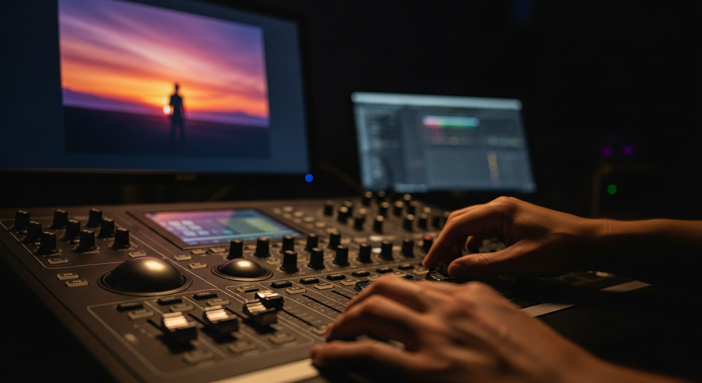 Hands on a colour grading control surface