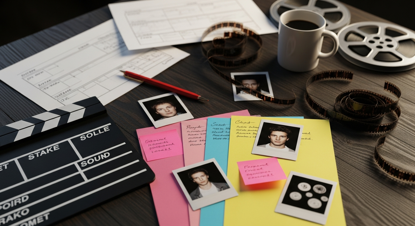 A pre-production desk covered with storyboards and a clapperboard