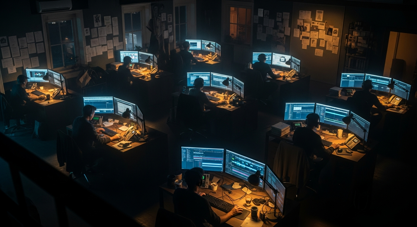 A production office at night, screens glowing